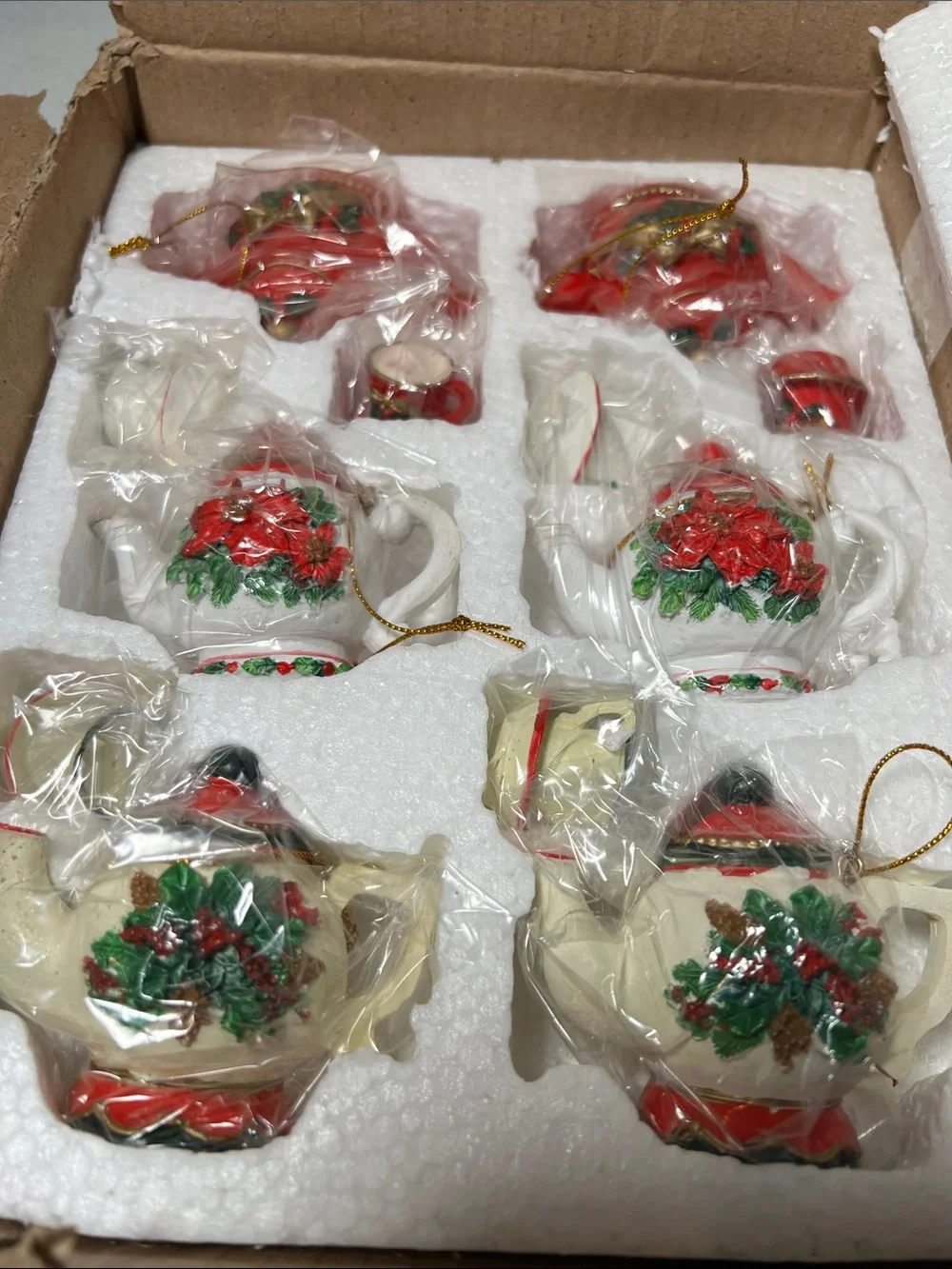 Holiday Poinsettia Teapot Ornament Set - 6 Ornaments NEW Vintage